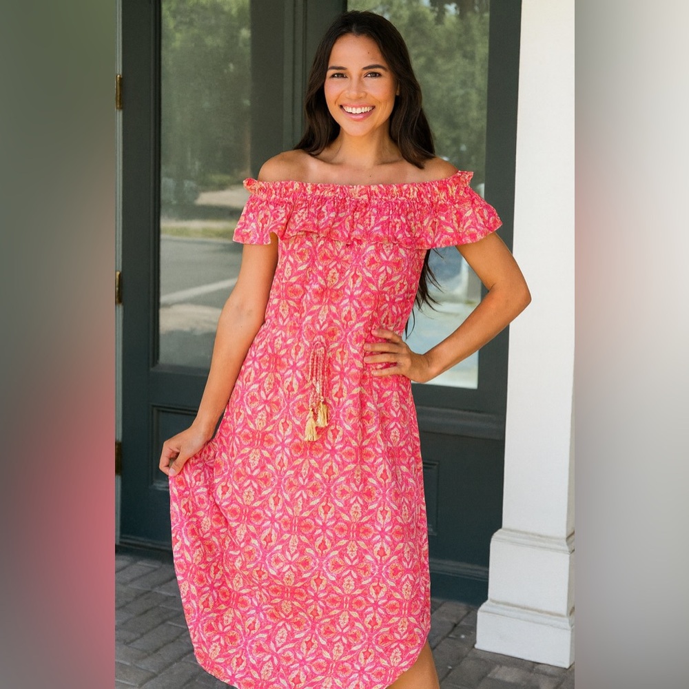 THML KAVATI Off Shoulder Ruffle Maxi Dress Pink Floral boho